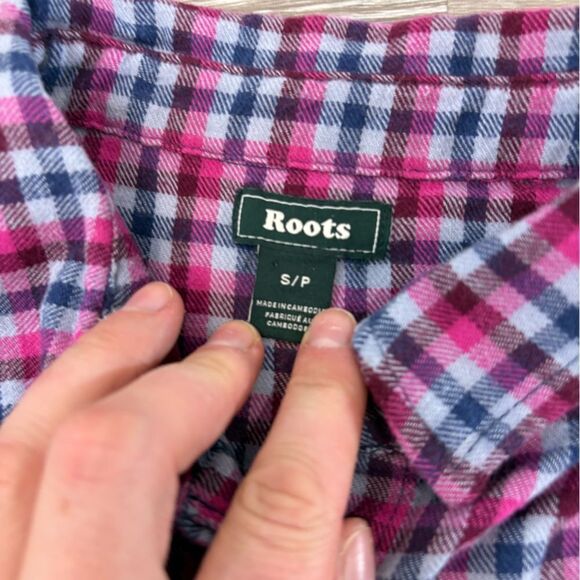 Roots Womens Flannel Purple blue plaid button up shirt cotton long sleeves sz S - Picture 3 of 10